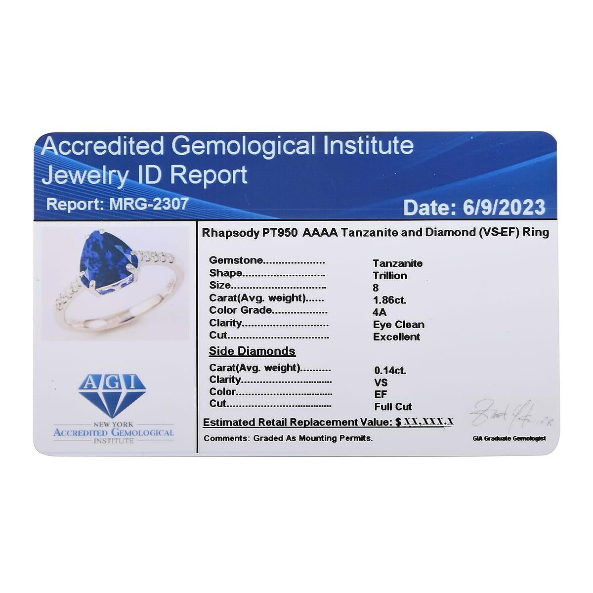 Certified and Appraised Rhapsody 950 Platinum AAAA Tanzanite and E-F VS Diamond Ring (Size 7.0) 4.10 Grams 2.00 ctw image number 6