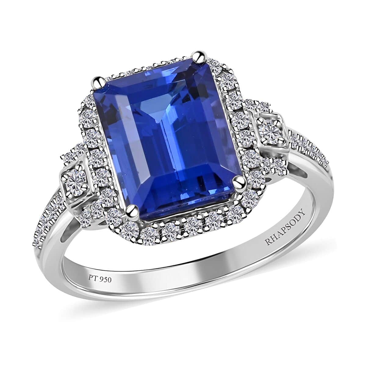 Certified and Appraised Rhapsody 950 Platinum AAAA Tanzanite and E-F VS Diamond Halo Ring (Size 6.0) 7.15 Grams 4.00 ctw image number 0