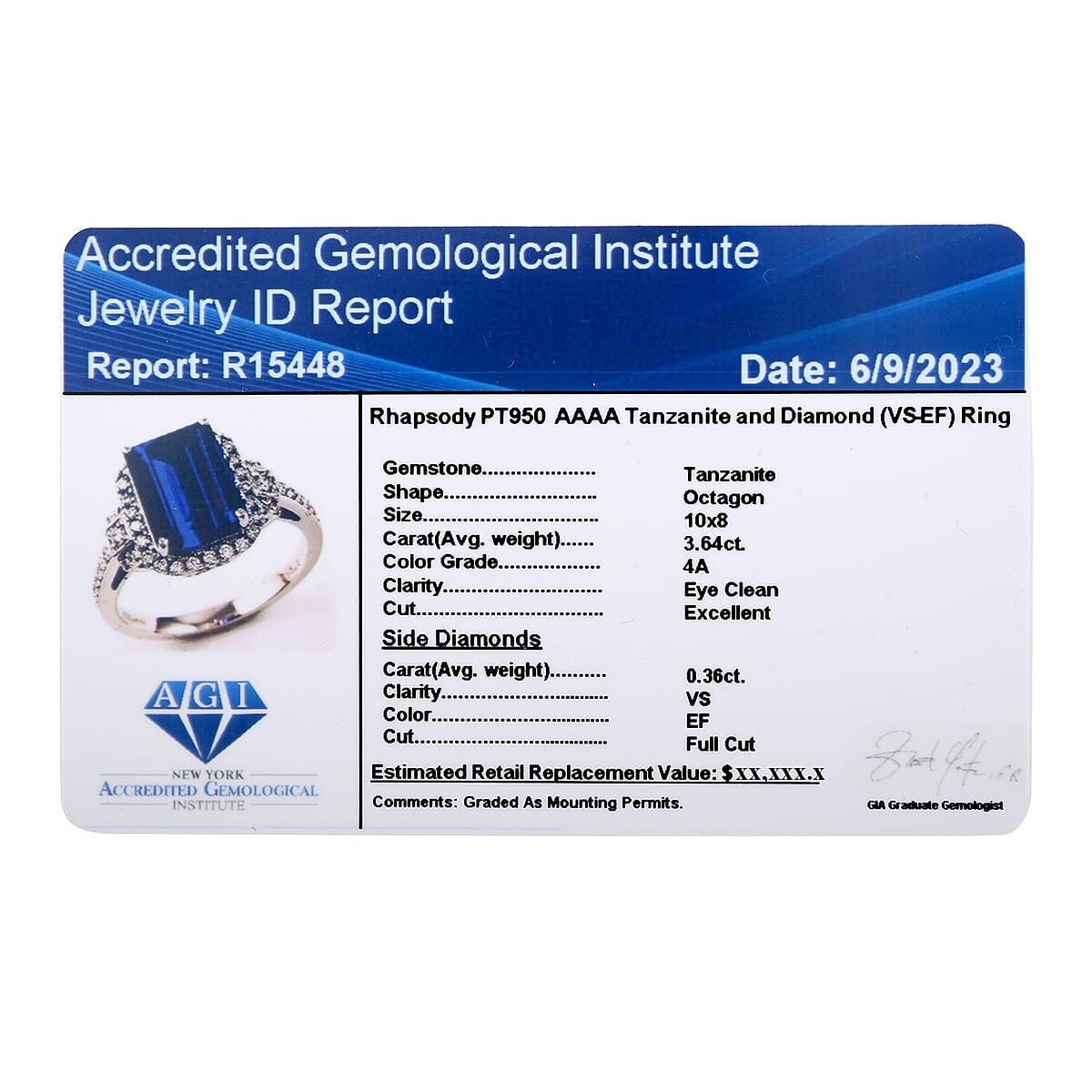 Certified and Appraised Rhapsody 950 Platinum AAAA Tanzanite and E-F VS Diamond Halo Ring (Size 9.0) 7.15 Grams 4.00 ctw image number 6