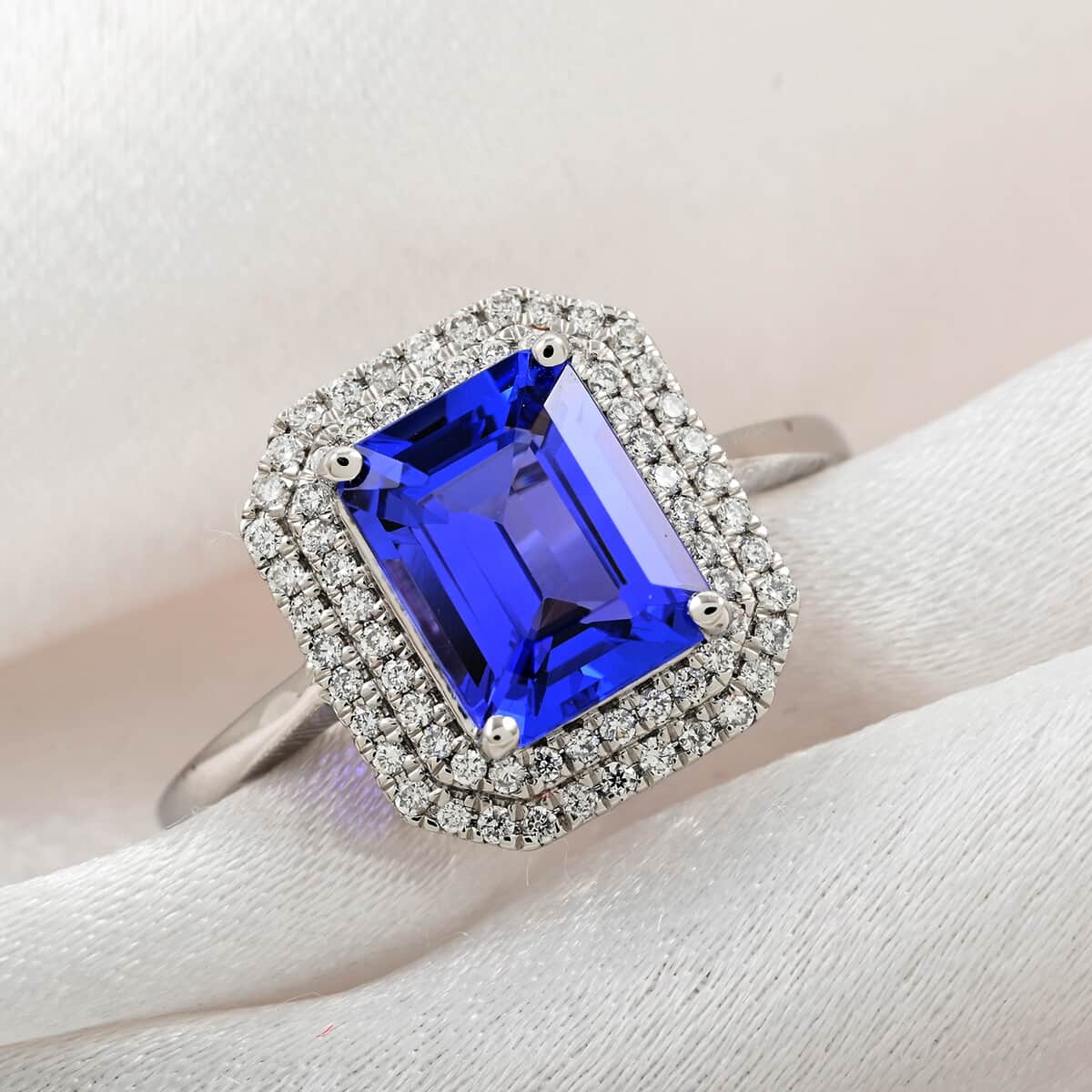 Certified and Appraised Rhapsody 950 Platinum AAAA Tanzanite and E-F VS Diamond Double Halo Ring (Size 6.0) 6.15 Grams 3.00 ctw image number 1