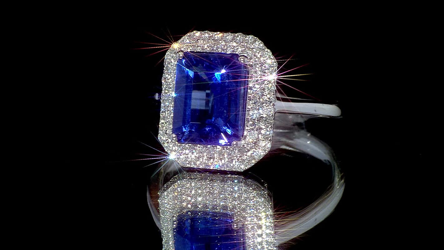 Certified and Appraised Rhapsody 950 Platinum AAAA Tanzanite and E-F VS Diamond Double Halo Ring (Size 10.0) 6.15 Grams 3.00 ctw (Del. in 7-10 Days)