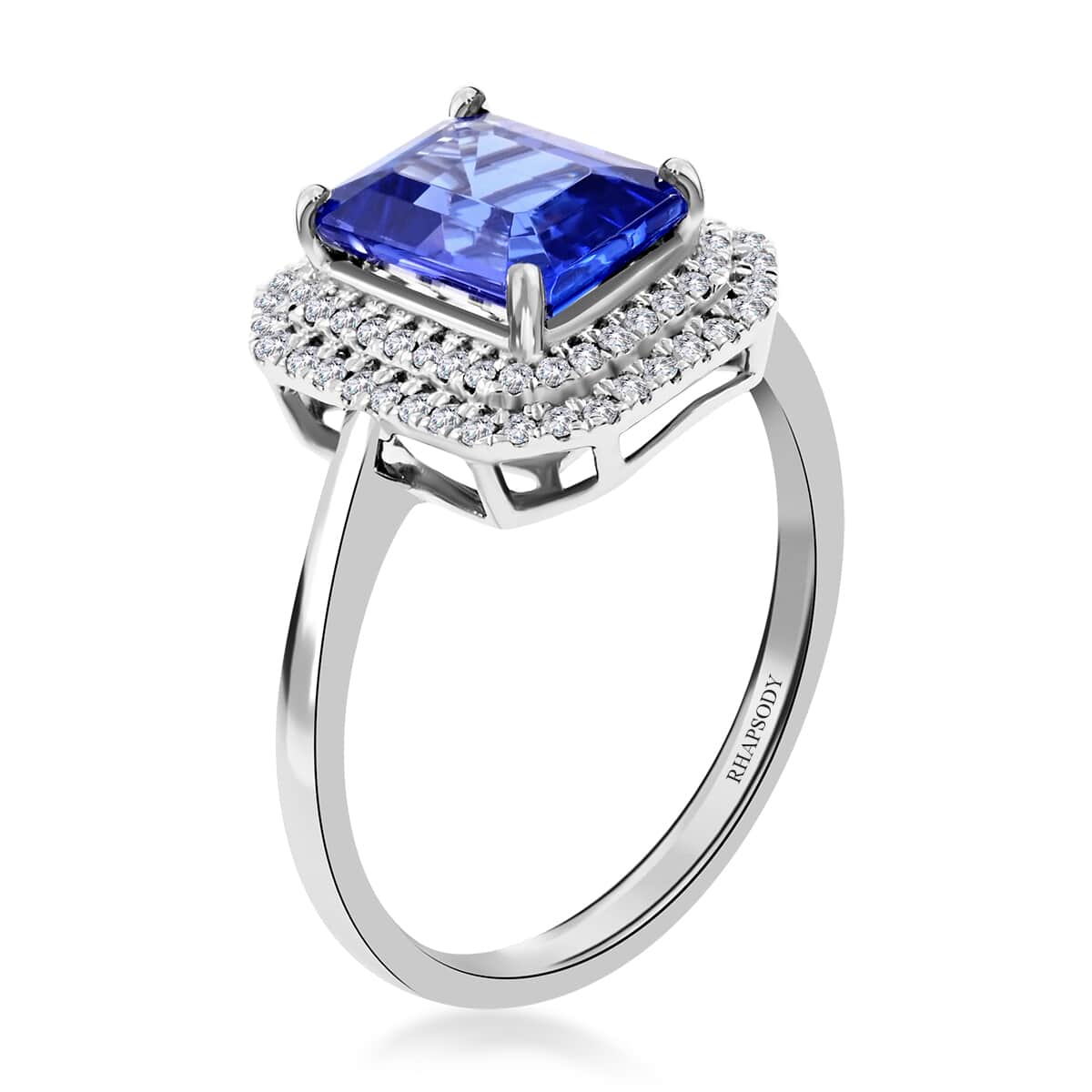 Certified and Appraised Rhapsody 950 Platinum AAAA Tanzanite and E-F VS Diamond Double Halo Ring (Size 6.0) 6.15 Grams 3.00 ctw image number 3