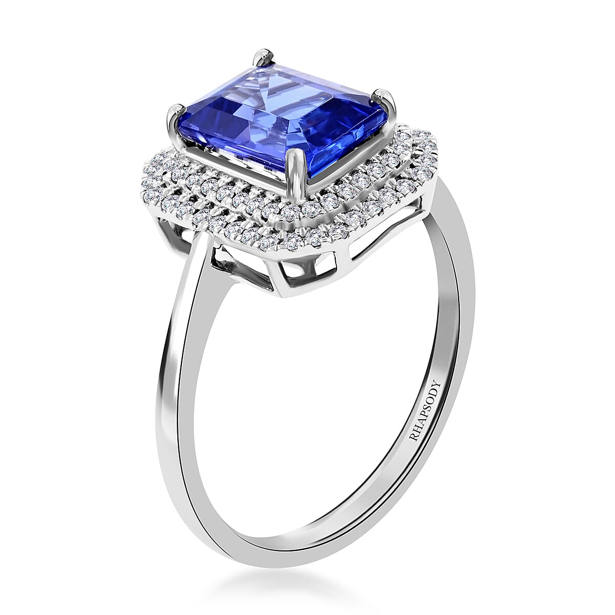 Certified and Appraised Rhapsody 950 Platinum AAAA Tanzanite and E-F VS Diamond Double Halo Ring (Size 7.0) 6.15 Grams 3.00 ctw