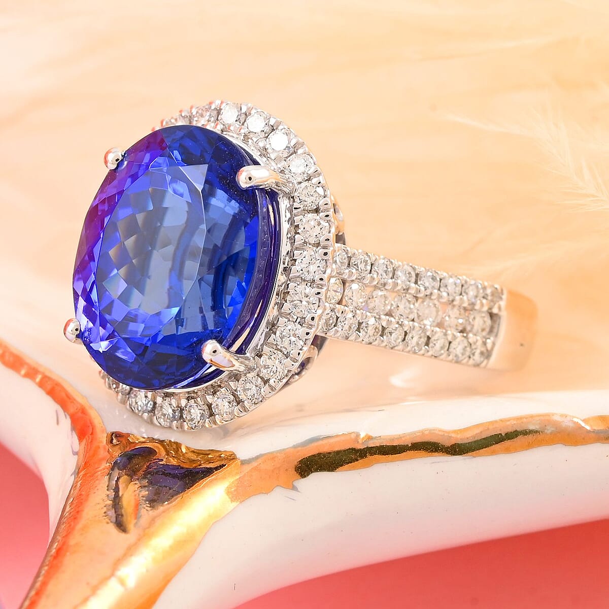 Certified and Appraised Rhapsody 950 Platinum AAAA Tanzanite and E-F VS Diamond Halo Ring 7.65 Grams 7.70 ctw image number 1