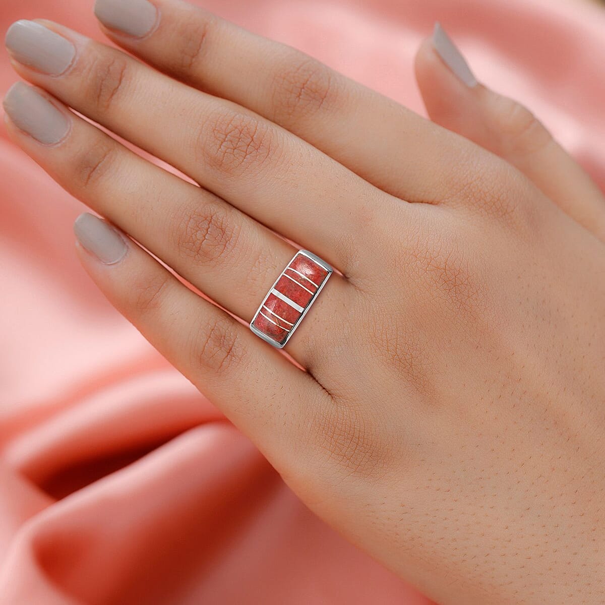 Santa Fe Style Plum Coral Ring in Sterling Silver (Size 6.0) 5.00 ctw image number 2