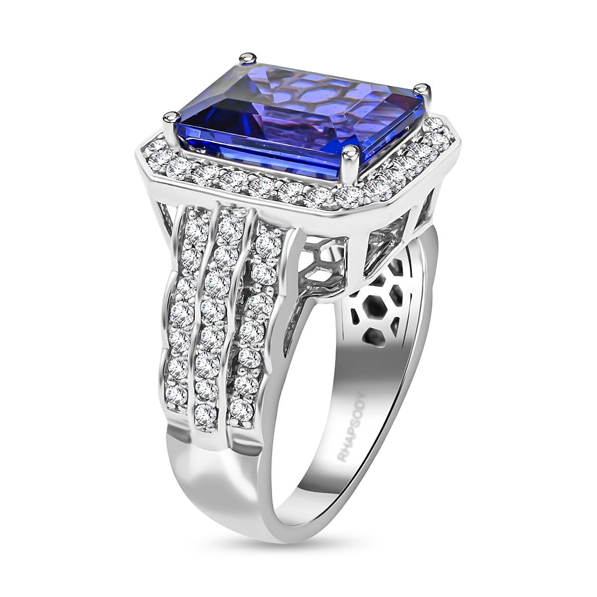 Certified and Appraised Rhapsody 950 Platinum AAAA Tanzanite and E-F VS Diamond Halo Ring (Size 10.0) 14 Grams 7.65 ctw image number 3