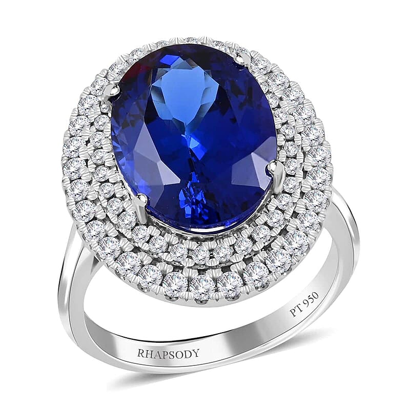 Certified and Appraised Rhapsody 950 Platinum AAAA Tanzanite and E-F VS Diamond Double Halo Ring (Size 10.0) 8.90 Grams 8.00 ctw
