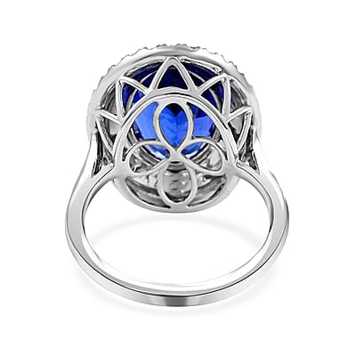 Certified and Appraised Rhapsody 950 Platinum AAAA Tanzanite and E-F VS Diamond Double Halo Ring (Size 10.0) 8.90 Grams 8.00 ctw