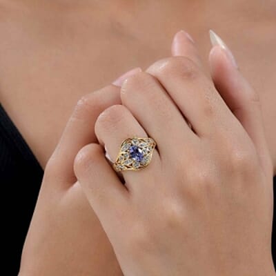 Tanzanite and White Zircon 0.93 ctw Ring in Vermeil Yellow Gold Over Sterling Silver (Size 8)