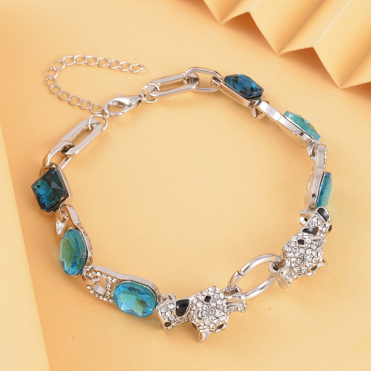 Blue Glass and Austrian Crystal Bracelet (8-10In) in Silvertone image number 1
