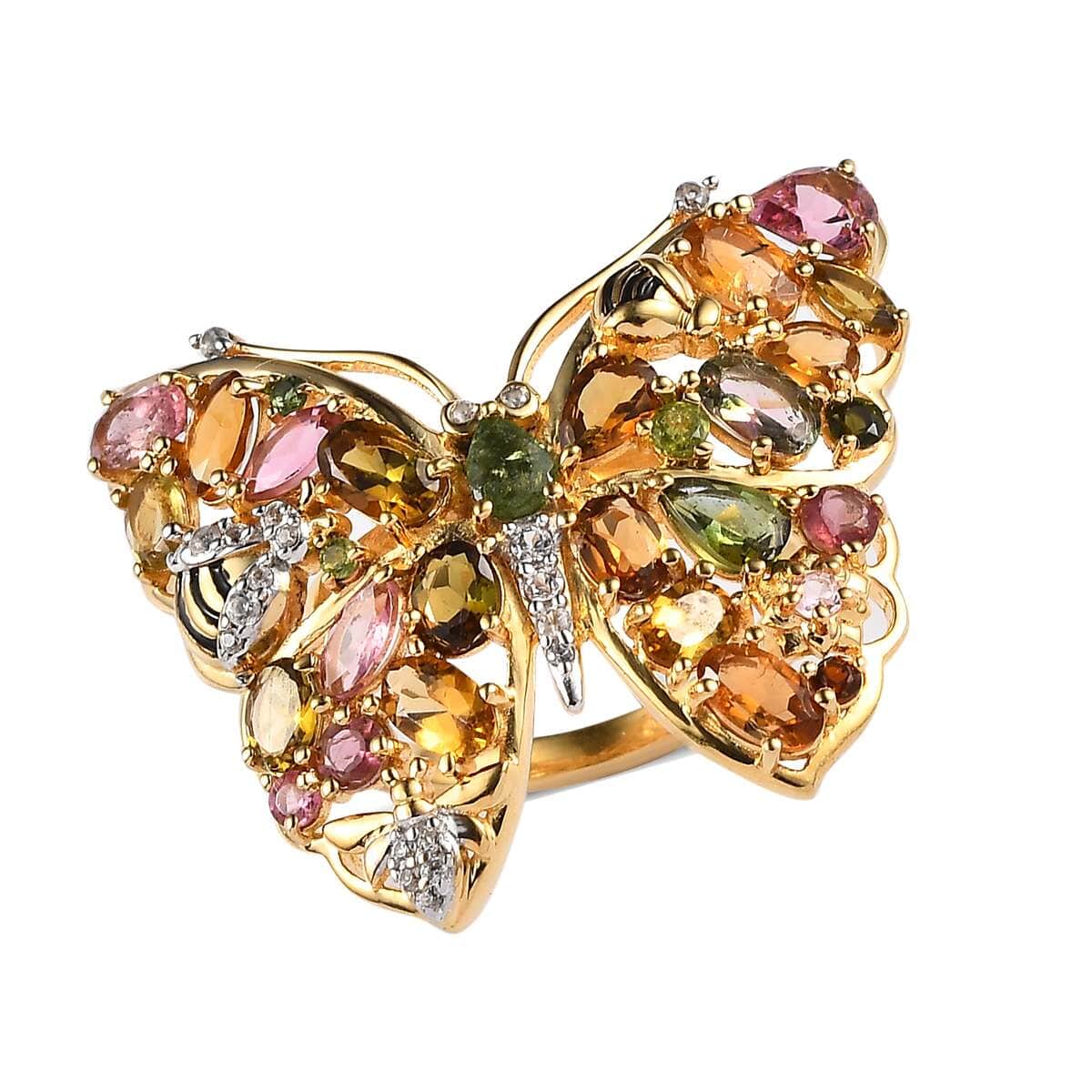 GP Trionfo Collection Premium Multi-Tourmaline and White Zircon Butterfly Ring in Vermeil Yellow Gold Over Sterling Silver 4.90 ctw image number 0