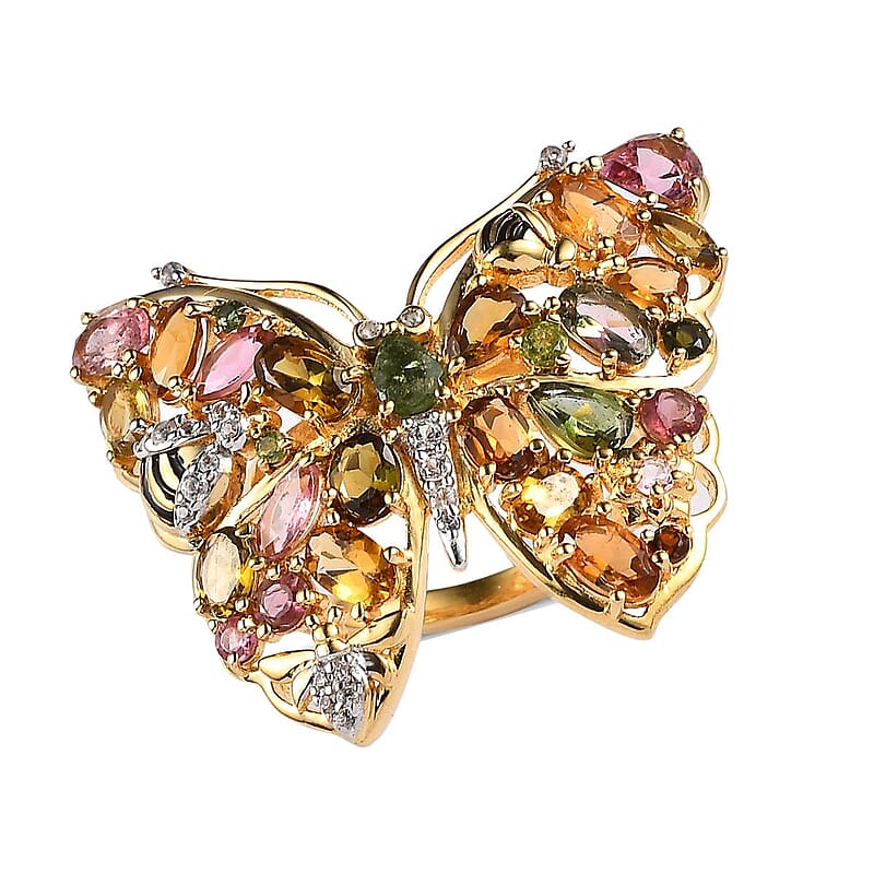 GP Trionfo Collection Premium Multi-Tourmaline and White Zircon Butterfly Ring in Vermeil Yellow Gold Over Sterling Silver (Size 10.0) 4.90 ctw