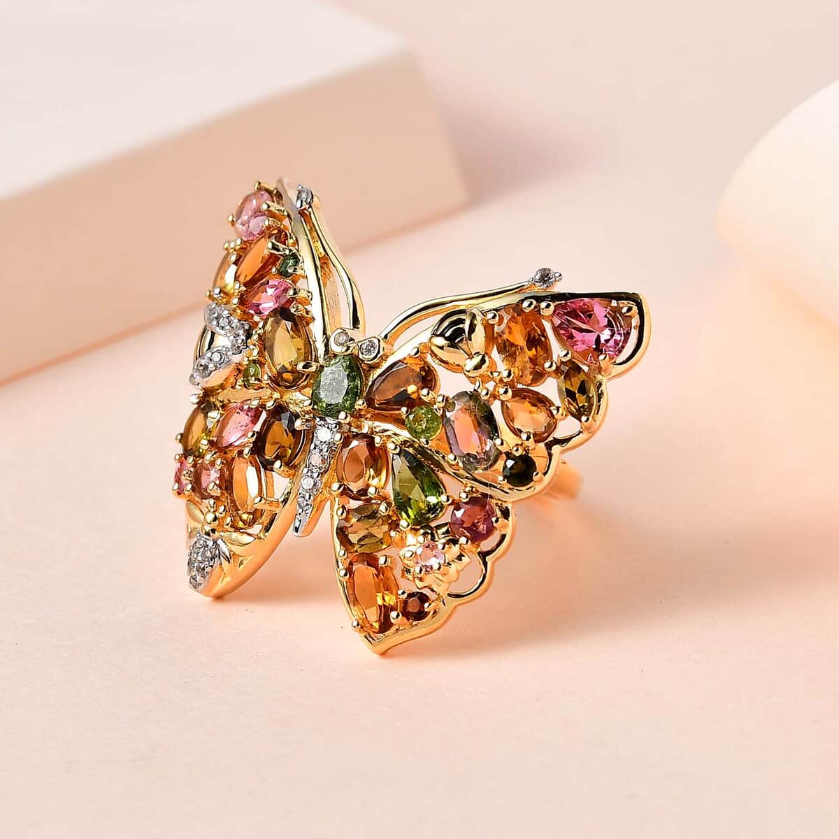 GP Trionfo Collection Premium Multi-Tourmaline and White Zircon Butterfly Ring in Vermeil Yellow Gold Over Sterling Silver 4.90 ctw image number 1