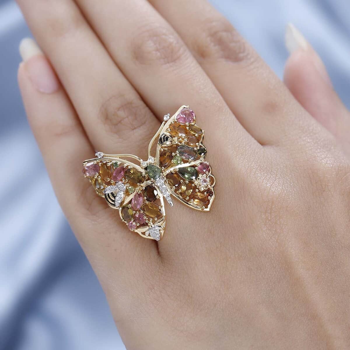 GP Trionfo Collection Premium Multi-Tourmaline and White Zircon Butterfly Ring in Vermeil Yellow Gold Over Sterling Silver 4.90 ctw image number 2