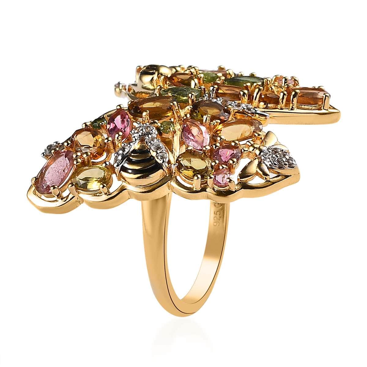 GP Trionfo Collection Premium Multi-Tourmaline and White Zircon Butterfly Ring in Vermeil Yellow Gold Over Sterling Silver 4.90 ctw image number 3
