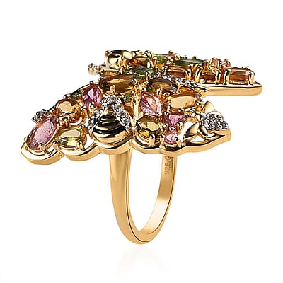 GP Trionfo Collection Premium Multi-Tourmaline and White Zircon Butterfly Ring in Vermeil Yellow Gold Over Sterling Silver (Size 10.0) 4.90 ctw