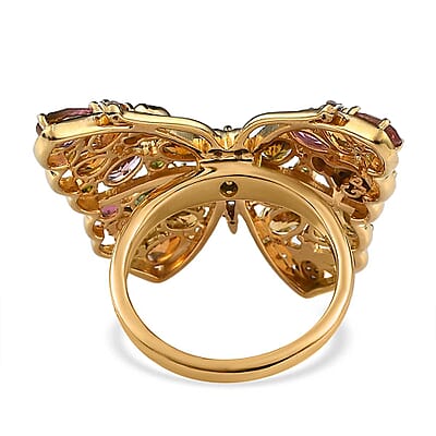 GP Trionfo Collection Premium Multi-Tourmaline and White Zircon Butterfly Ring in Vermeil Yellow Gold Over Sterling Silver (Size 10.0) 4.90 ctw