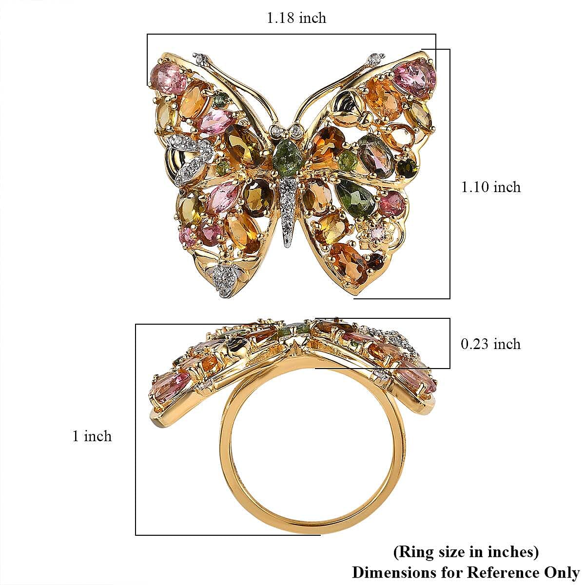 GP Trionfo Collection Premium Multi-Tourmaline and White Zircon Butterfly Ring in Vermeil Yellow Gold Over Sterling Silver (Size 10.0) 4.90 ctw