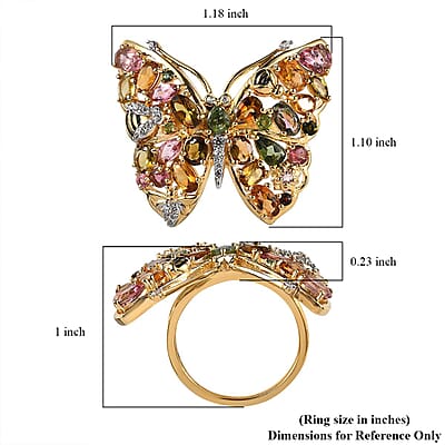 GP Trionfo Collection Premium Multi-Tourmaline and White Zircon Butterfly Ring in Vermeil Yellow Gold Over Sterling Silver (Size 10.0) 4.90 ctw