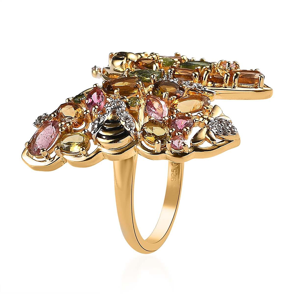 GP Trionfo Collection Premium Multi-Tourmaline and White Zircon Butterfly Ring in Vermeil Yellow Gold Over Sterling Silver (Size 5.0) 4.90 ctw image number 3