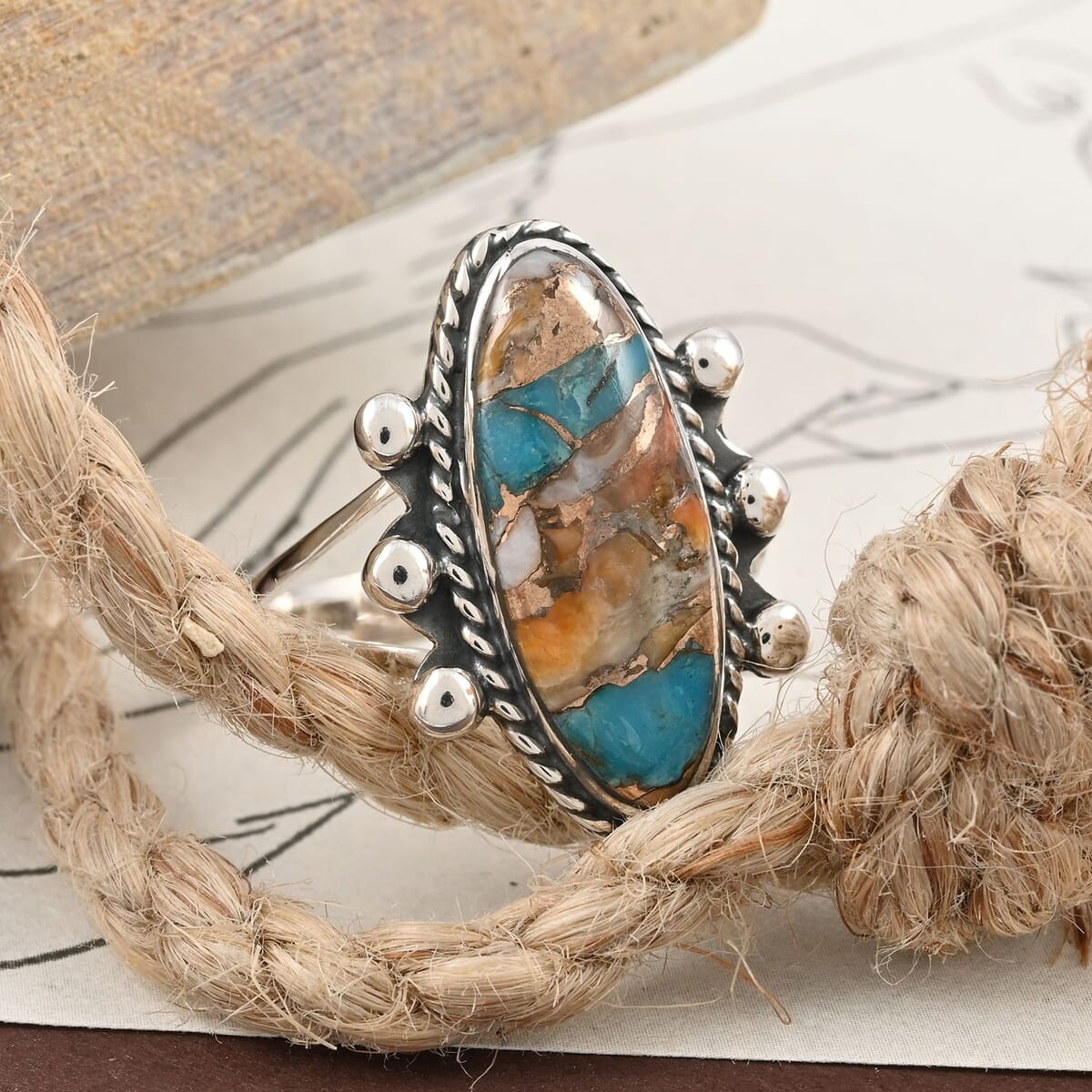 Santa Fe Style Spiny Turquoise Ring in Sterling Silver (Size 9.0) 5.30 ctw image number 1
