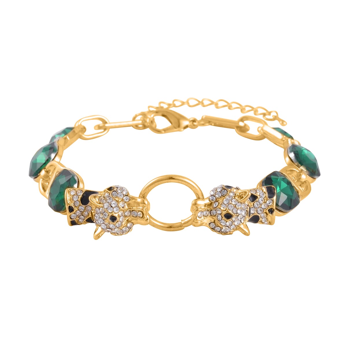 Green Glass and Austrian Crystal Bracelet (8-10In) in Goldtone image number 0