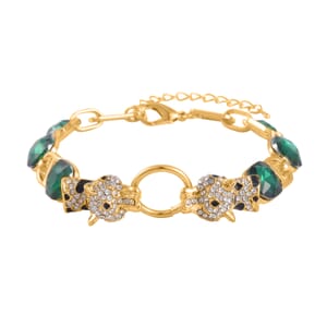 Green Glass and Austrian Crystal Bracelet (8-10In) in Goldtone