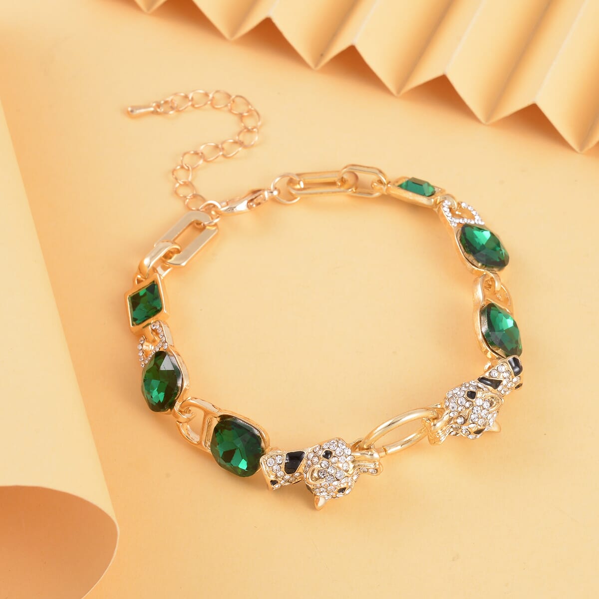 Green Glass and Austrian Crystal Bracelet (8-10In) in Goldtone image number 1