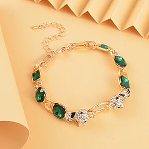 Green Glass and Austrian Crystal Bracelet (8-10In) in Goldtone