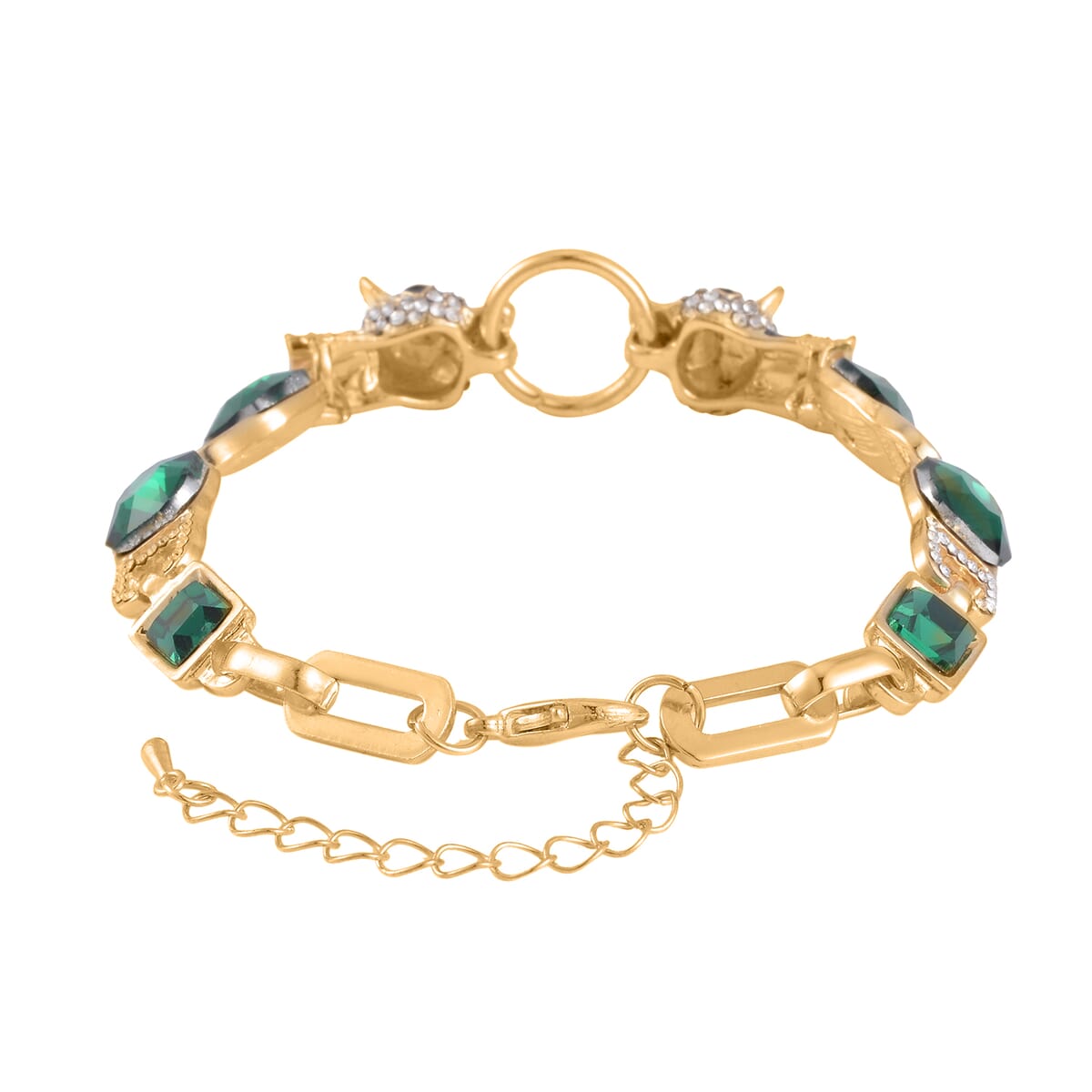 Green Glass and Austrian Crystal Bracelet (8-10In) in Goldtone image number 2