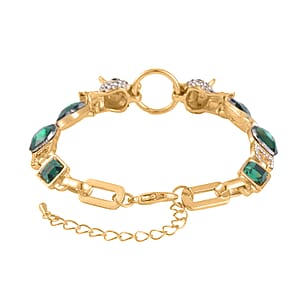 Green Glass and Austrian Crystal Bracelet (8-10In) in Goldtone