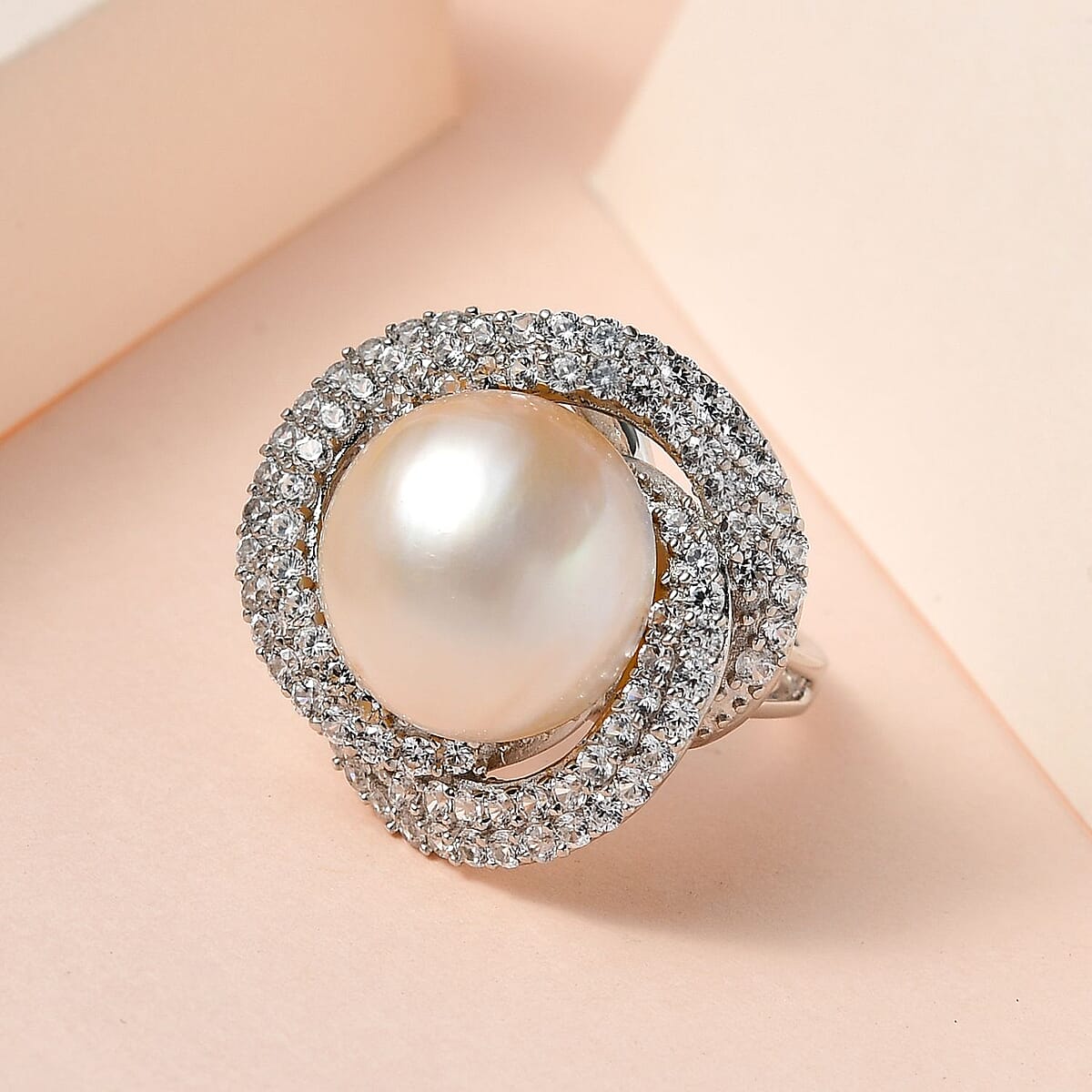 South Sea White Pearl and White Zircon Ring in Platinum Over Sterling Silver 2.60 ctw image number 1