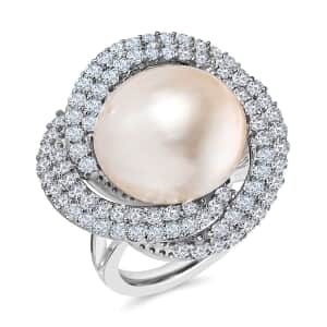 South Sea White Pearl and White Zircon Ring in Platinum Over Sterling Silver 2.60 ctw