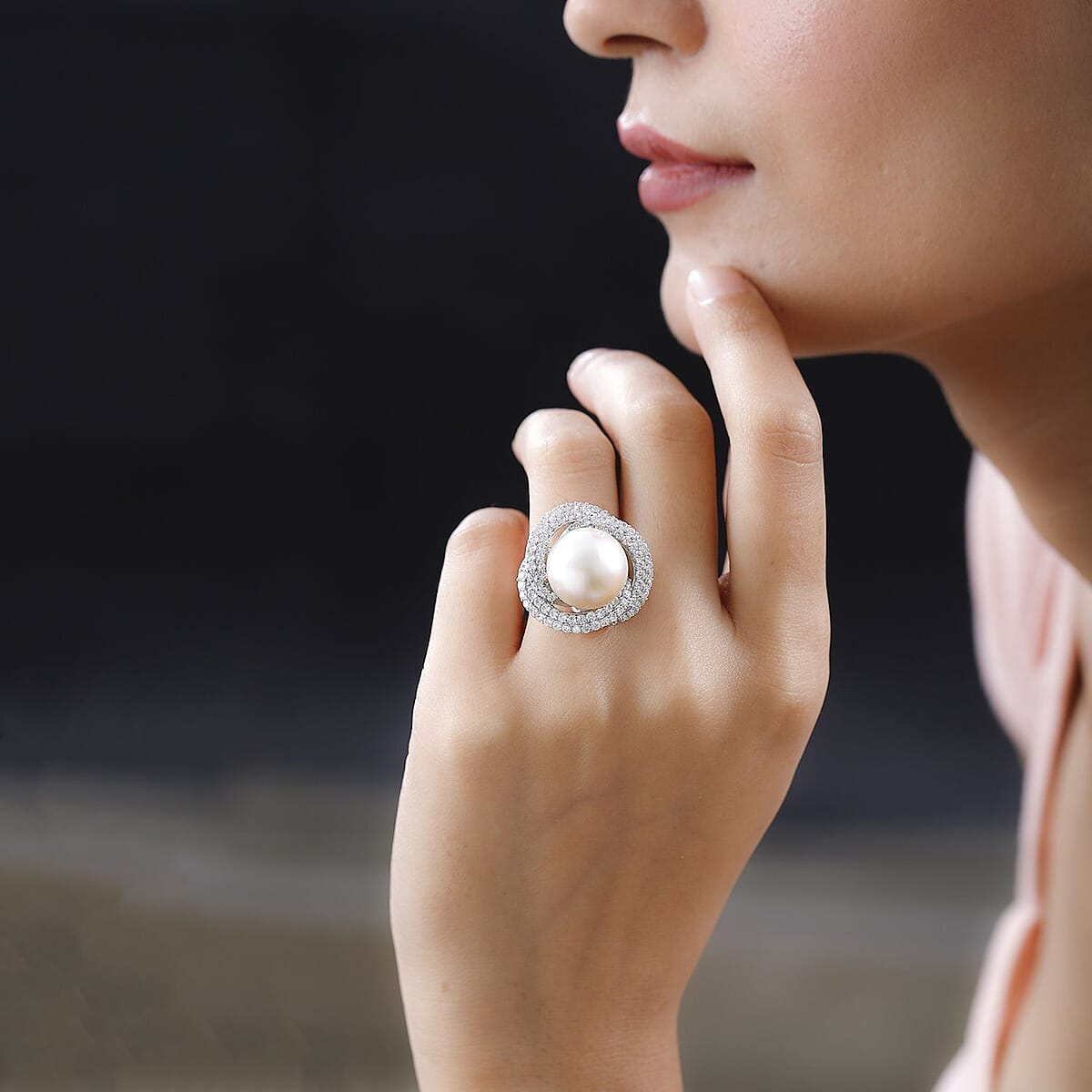 South Sea White Pearl and White Zircon Ring in Platinum Over Sterling Silver (Size 6.0) 2.60 ctw image number 2