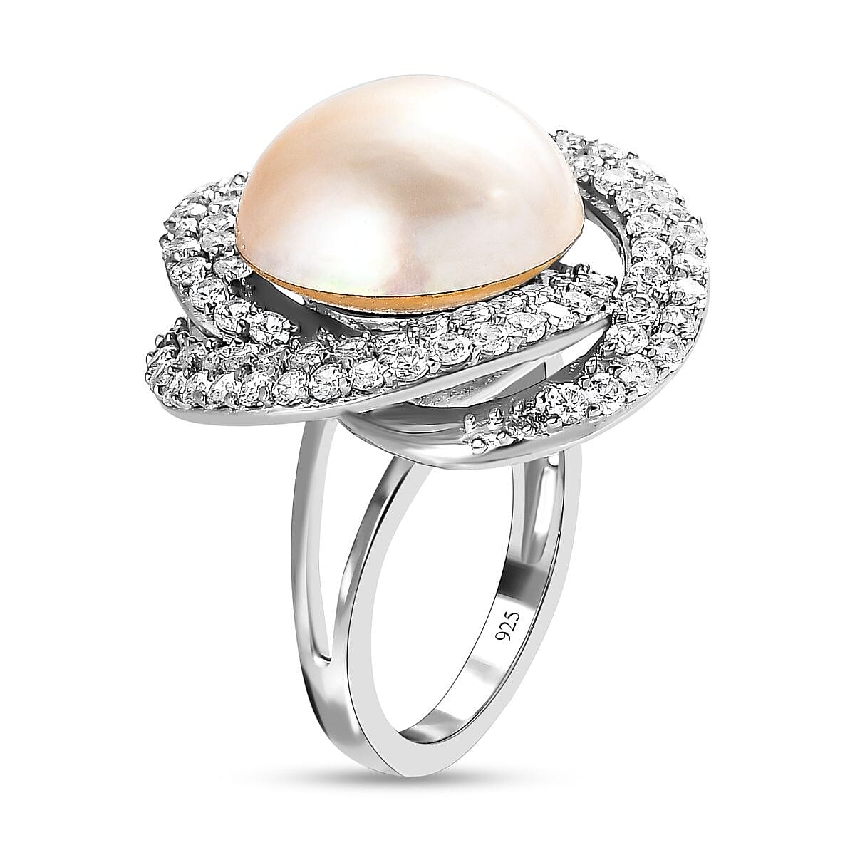South Sea White Pearl and White Zircon Ring in Platinum Over Sterling Silver (Size 6.0) 2.60 ctw image number 3