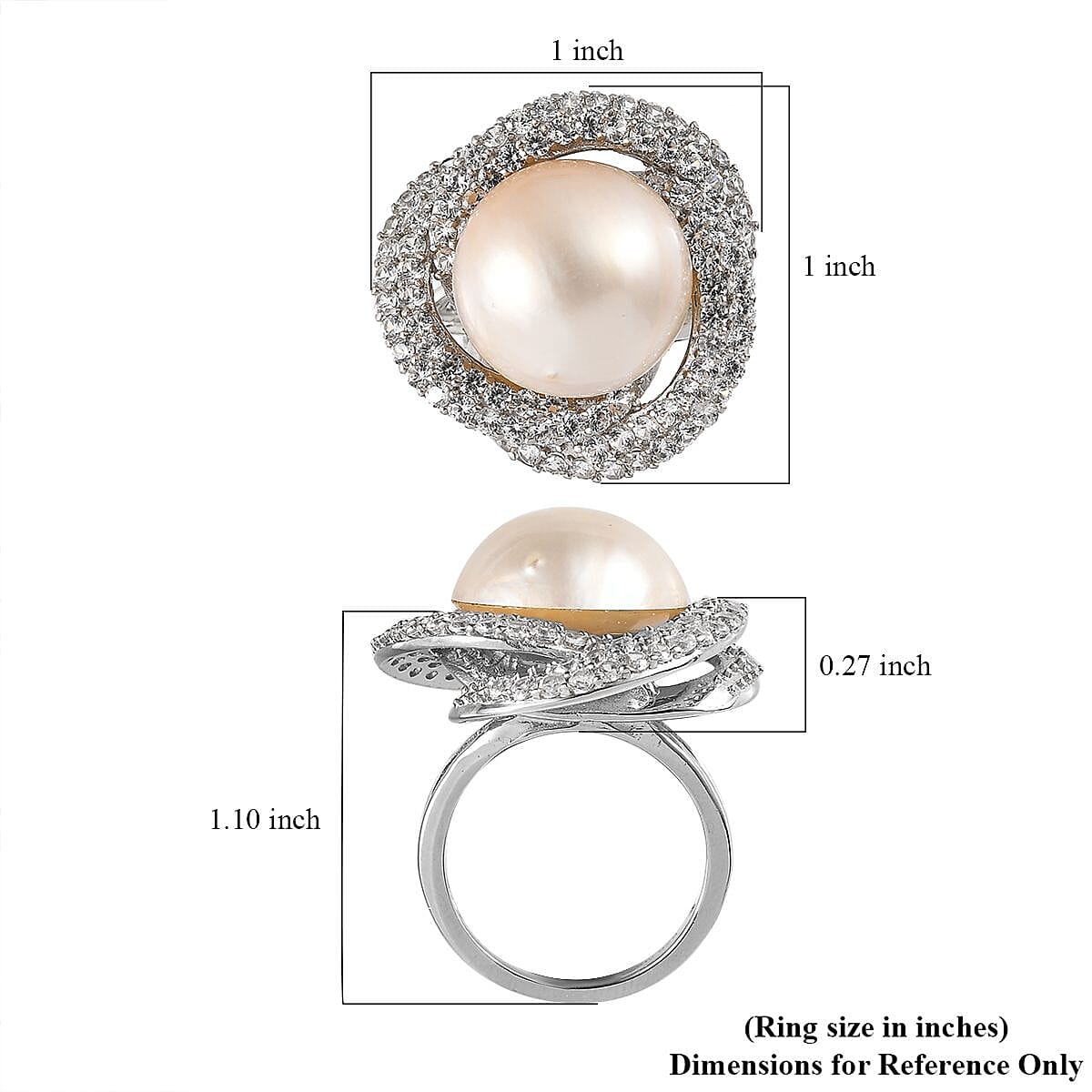 South Sea White Pearl and White Zircon Ring in Platinum Over Sterling Silver (Size 6.0) 2.60 ctw image number 5