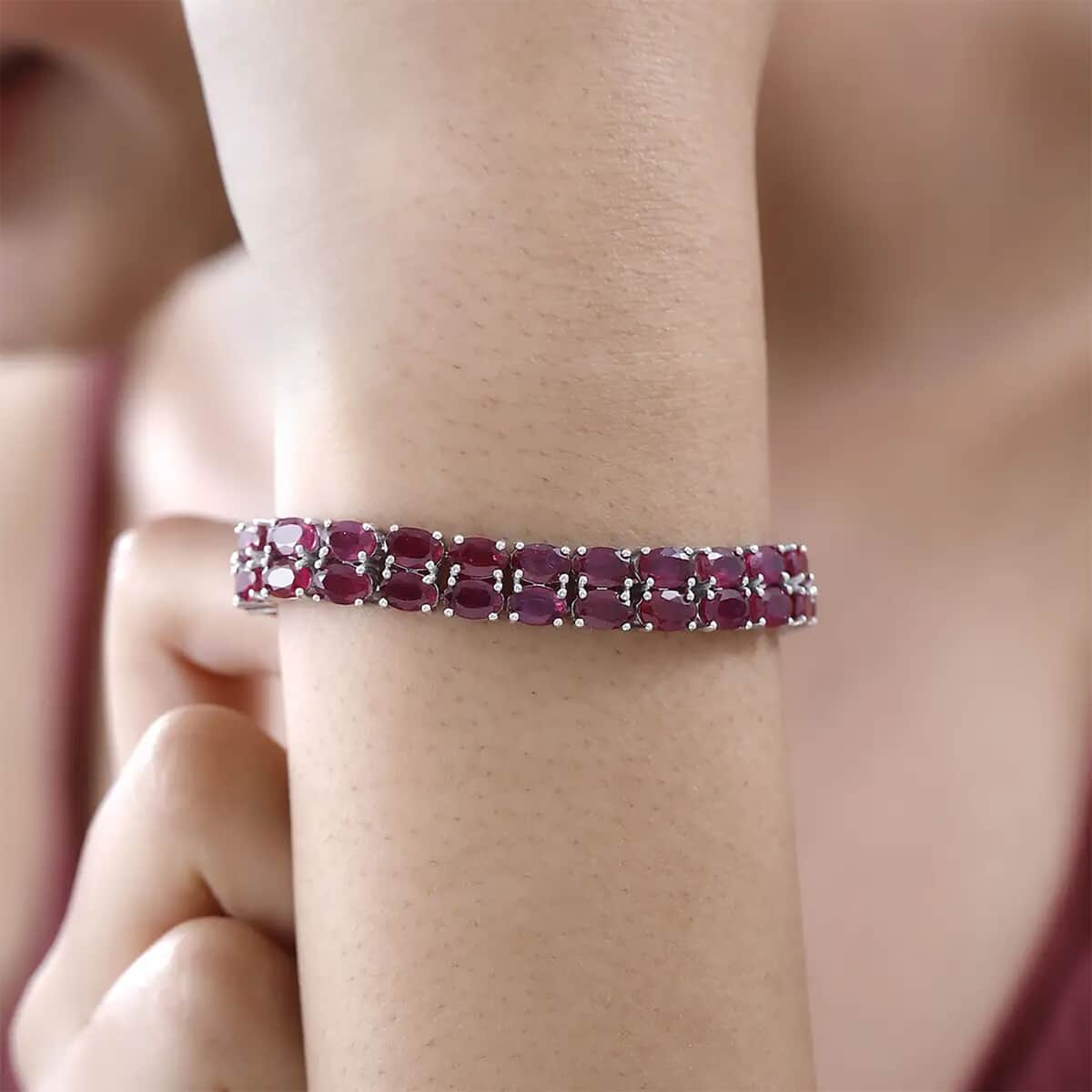 Niassa Ruby (FF) Double- Row Bracelet in Platinum Over Sterling Silver (7.25 In) 31.20 ctw Be the first to write a review image number 6