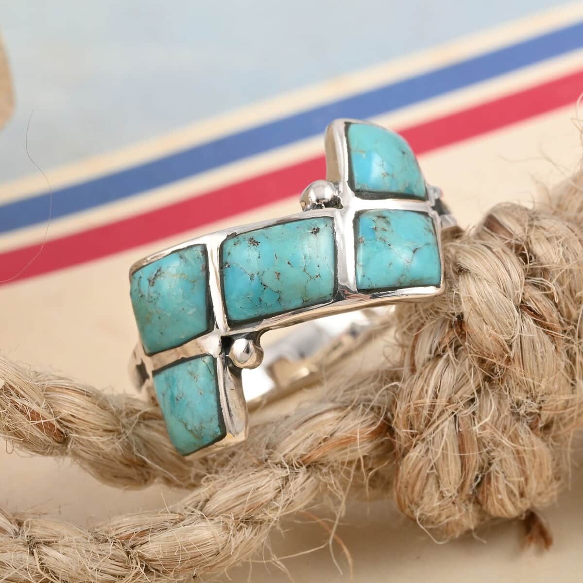 Santa Fe Style Kingman Turquoise 5 Stone Ring in Sterling Silver 5.50 ctw image number 1