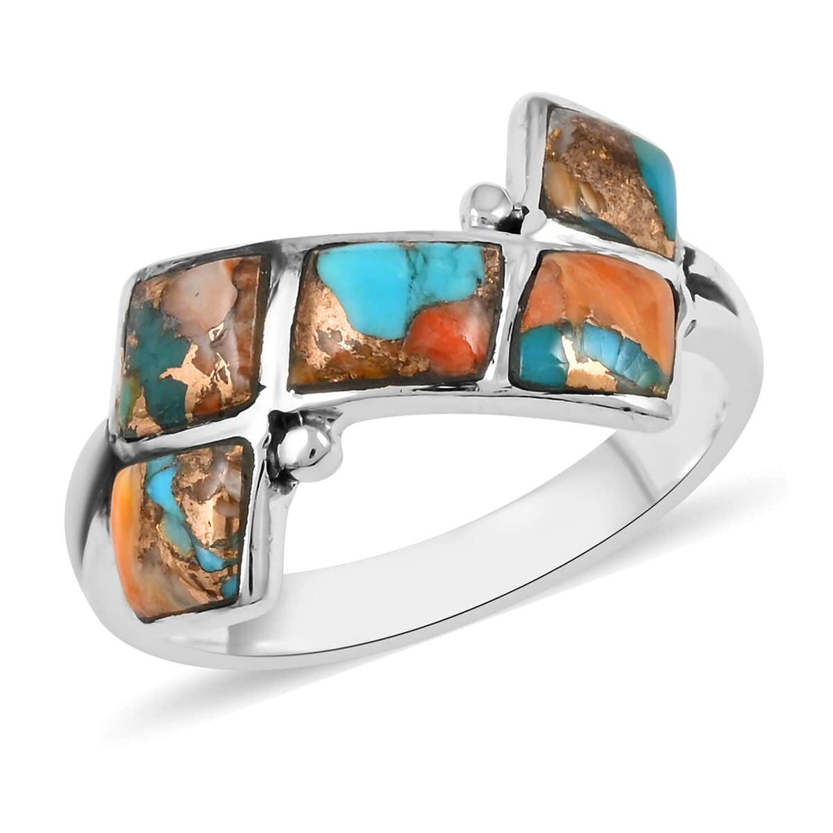 Santa Fe Style Spiny Turquoise 5 Stone Ring in Sterling Silver (Size 6.0) 5.50 ctw image number 0