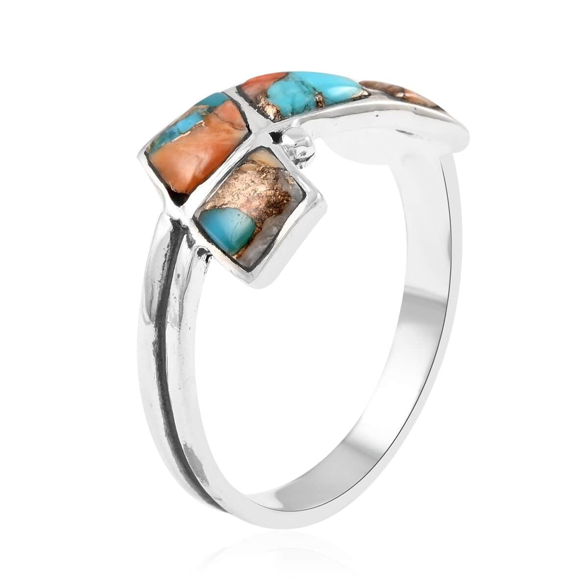 Santa Fe Style Spiny Turquoise 5 Stone Ring in Sterling Silver (Size 6.0) 5.50 ctw image number 3