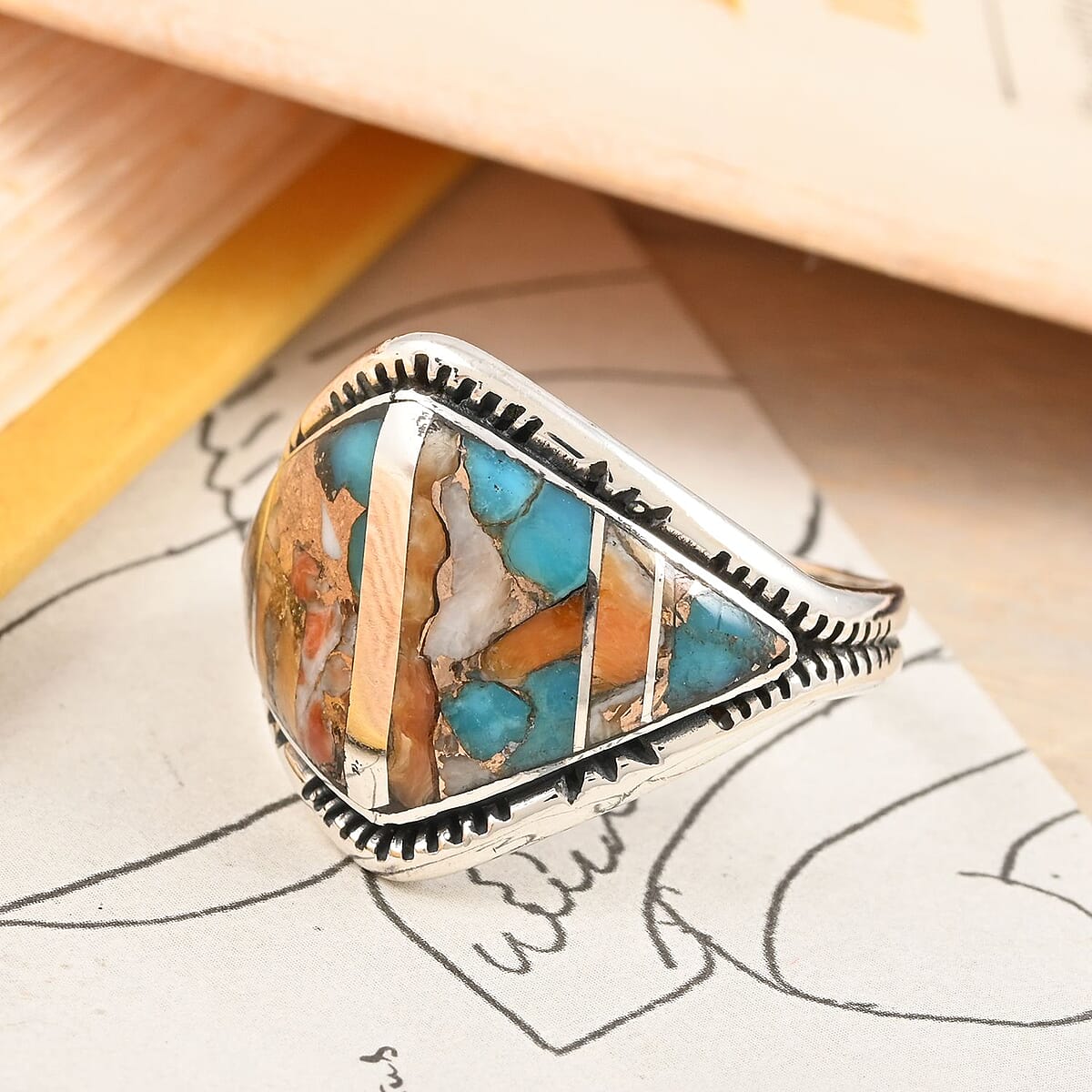 Santa Fe Style Spiny Turquoise Ring in Sterling Silver (Size 6.0) 6.00 ctw image number 1
