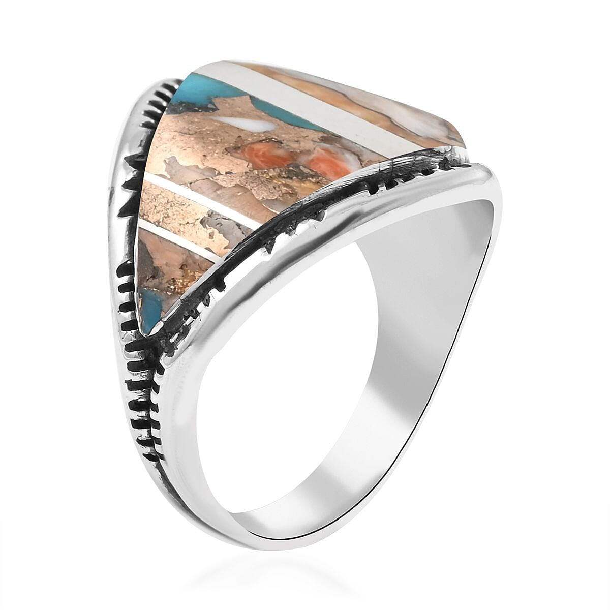 Santa Fe Style Spiny Turquoise Ring in Sterling Silver (Size 7.0) 6.00 ctw image number 3