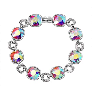Aurora Borealis Glass and White Aurora Borealis Austrian Crystal Bracelet in Silvertone (7.50-9.00In)