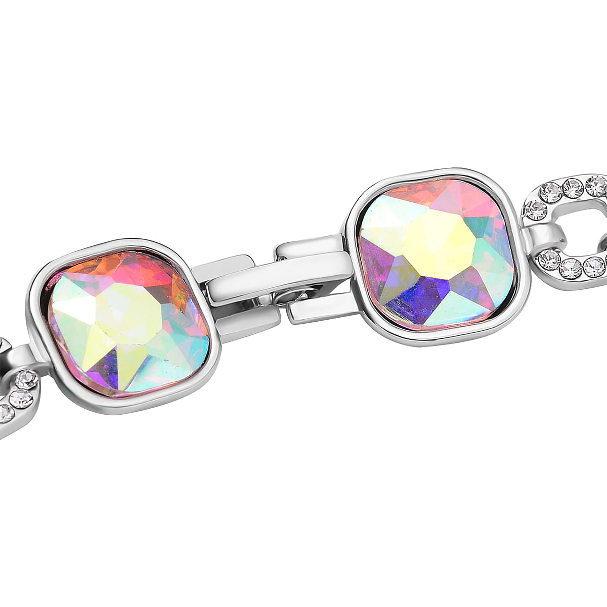 Aurora Borealis Glass and White Aurora Borealis Austrian Crystal Bracelet in Silvertone (7.50-9.00In) image number 2