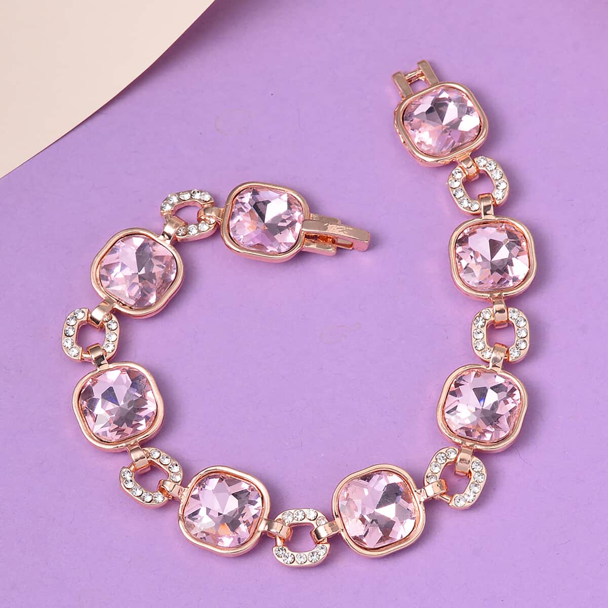 Pink Glass and White Aurora Borealis Austrian Crystal Bracelet in Rosetone (7.50-9.00In) image number 1