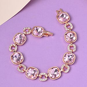 Pink Glass and White Aurora Borealis Austrian Crystal Bracelet in Rosetone (7.50-9.00In)