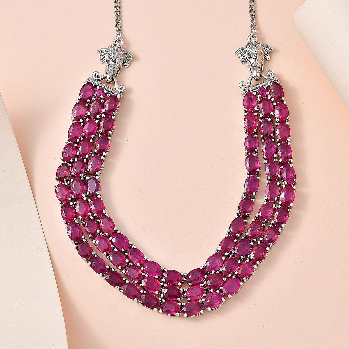 Niassa Ruby (FF) Multi Strand Necklace 18 Inches in Platinum Over Sterling Silver 46.00 ctw image number 1