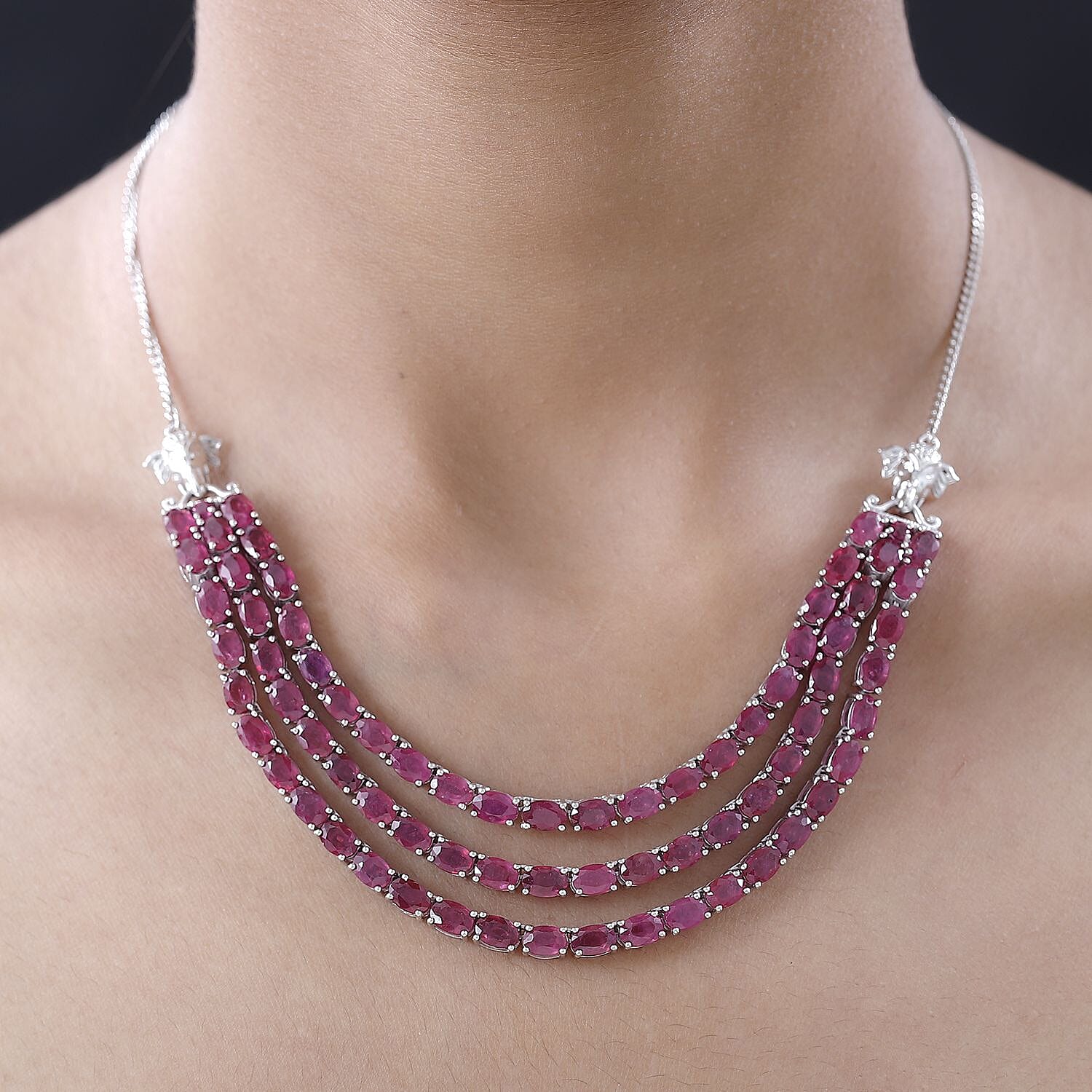Niassa Ruby (FF) Multi Strand Necklace 18 Inches in Platinum Over Sterling Silver 46.00 ctw