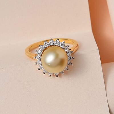 South Sea Golden Pearl and Moissanite Sunburst Ring in Vermeil Yellow Gold Over Sterling Silver (Size 10.0) 0.40 ctw