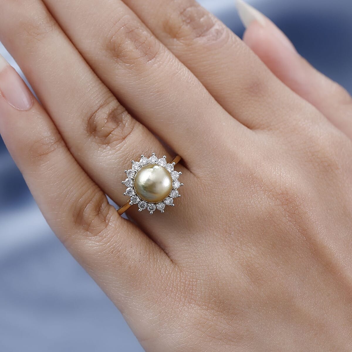 South Sea Golden Pearl and Moissanite Sunburst Ring in Vermeil Yellow Gold Over Sterling Silver (Size 10.0) 0.40 ctw image number 2